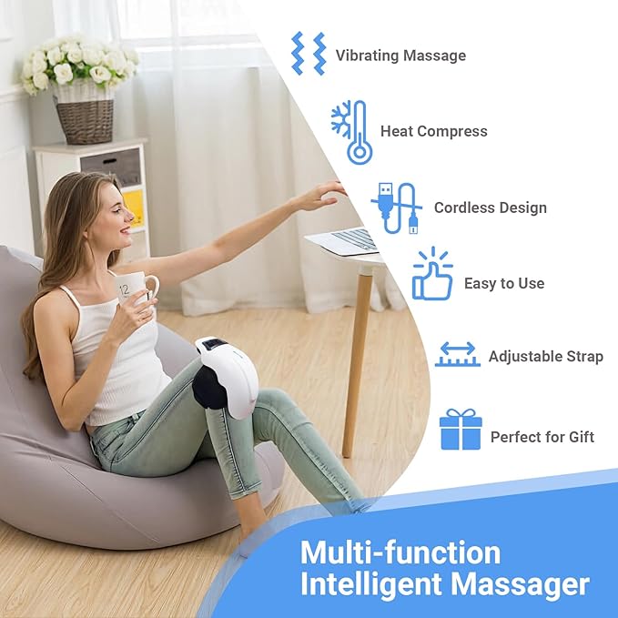 Woman relaxing while wearing cordless KneeRelief Pro Massager, with icons showing vibration, heat and adjustable strap features