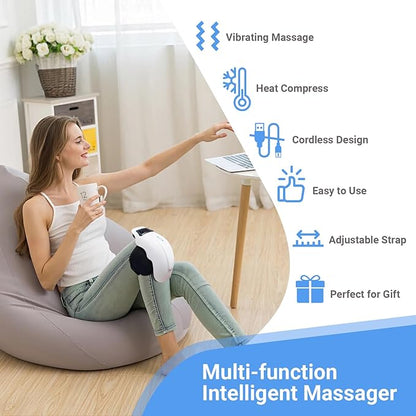 Woman relaxing while wearing cordless KneeRelief Pro Massager, with icons showing vibration, heat and adjustable strap features