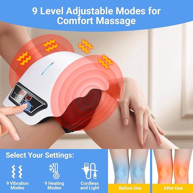 KneeRelief Pro Massager on a knee showing nine adjustable heat and vibration modes with before and after results