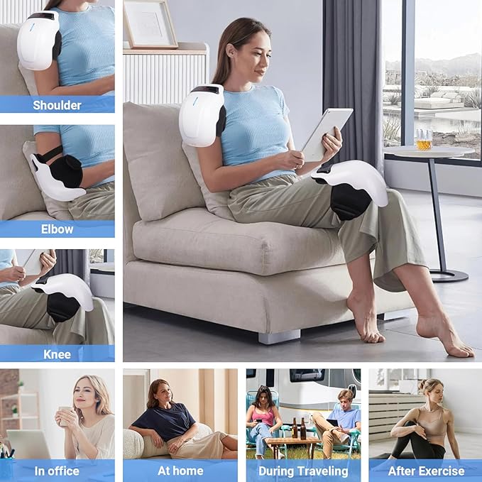 Woman using Wireless KneeRelief Pro Massager on her shoulder, elbow and knee while relaxing at home