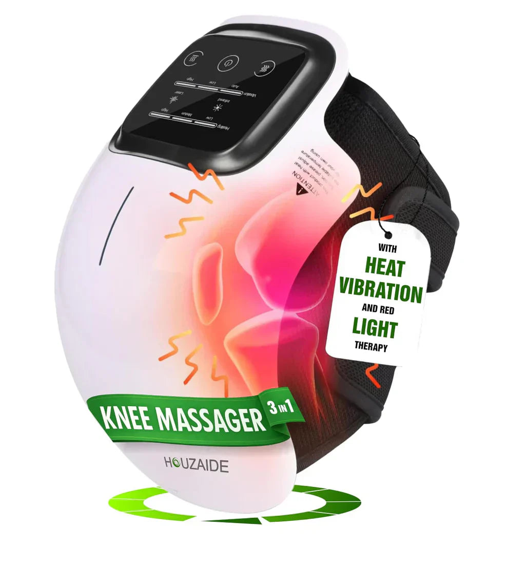 Wireless KneeRelief Pro Massager featuring 3-in-1 heat, vibration and red light therapy on white background