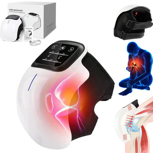 Wireless KneeRelief Pro Massager with heat therapy shown wrapped around a knee for pain relief